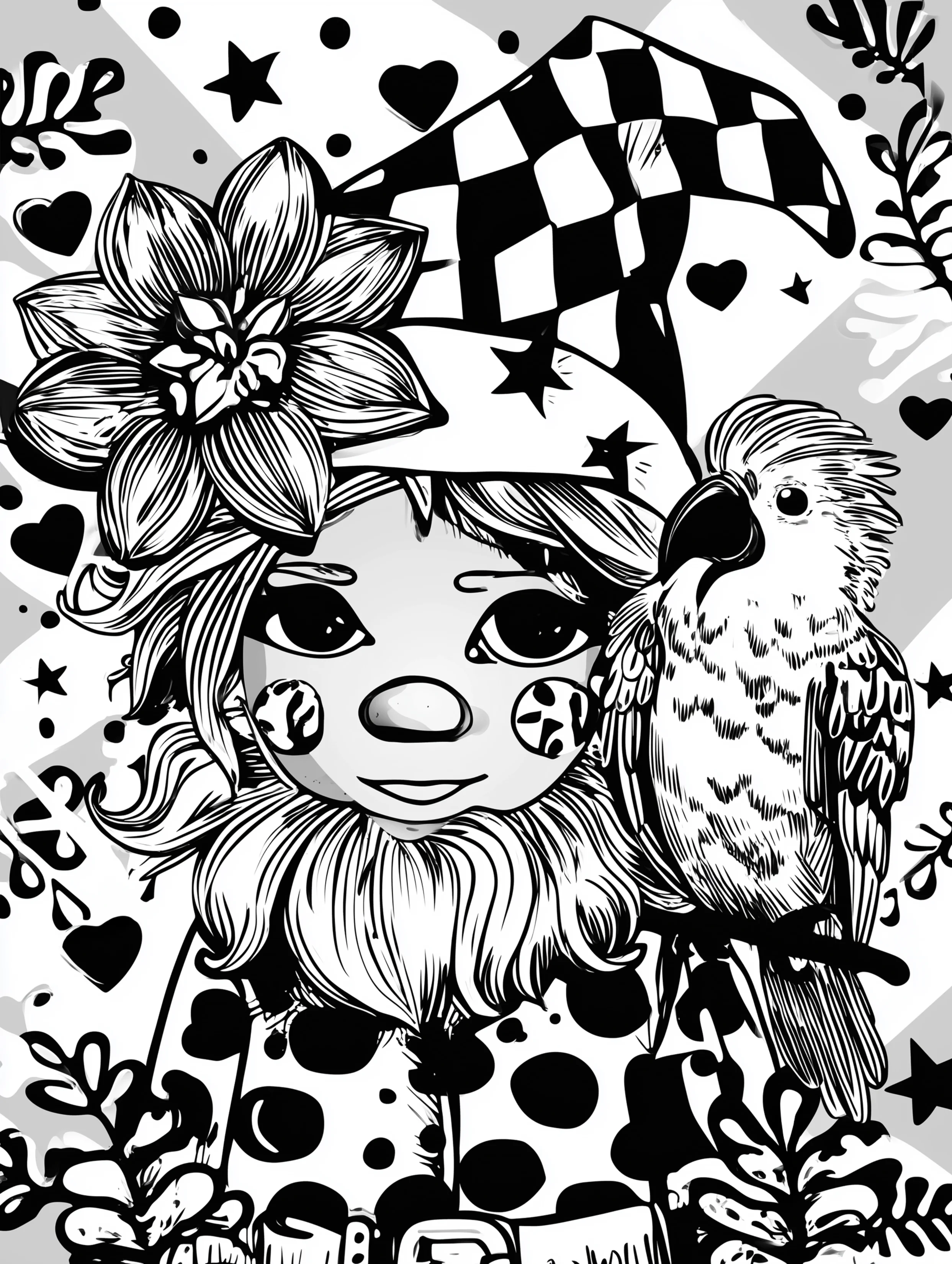 Free printable gnome coloring page for adults featuring a gnome with a parrot on the left shoulder